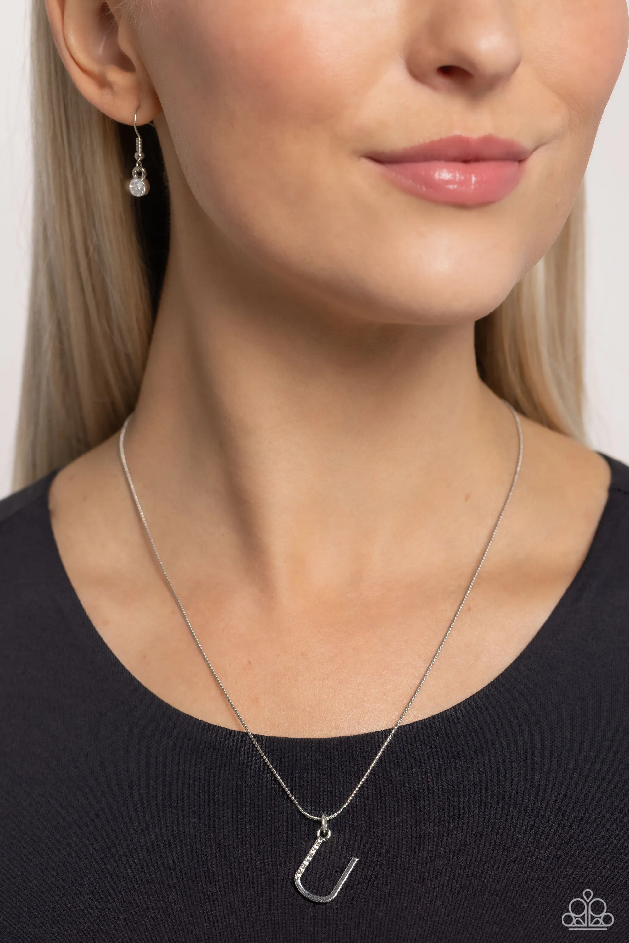 Letter of the Law - U - White Rhinestone Silver Initial Paparazzi Short Necklace