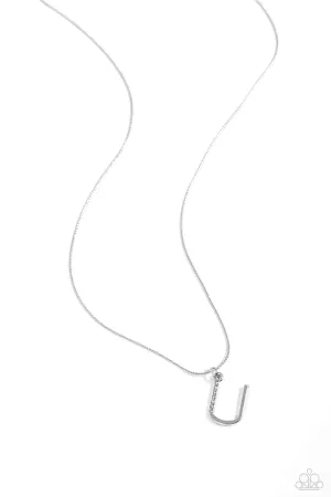 Letter of the Law - U - White Rhinestone Silver Initial Paparazzi Short Necklace
