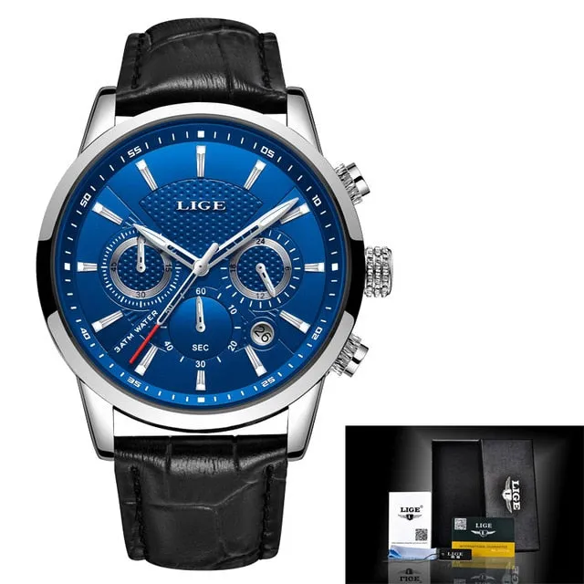 LIGE New Fashion Gift Men Watch Leather Analog Quartz watches 30M Waterproof Chronograph Sport Date Watch Men montre homme 2019