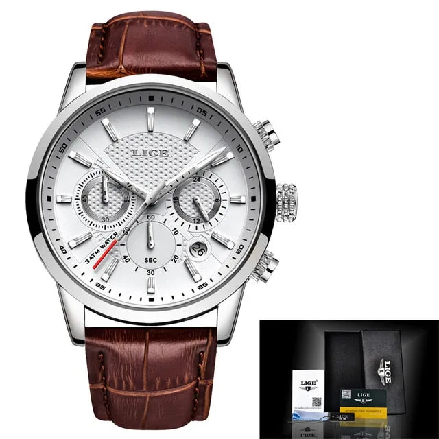 LIGE New Fashion Gift Men Watch Leather Analog Quartz watches 30M Waterproof Chronograph Sport Date Watch Men montre homme 2019