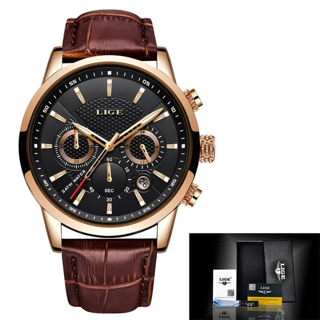 LIGE New Fashion Gift Men Watch Leather Analog Quartz watches 30M Waterproof Chronograph Sport Date Watch Men montre homme 2019