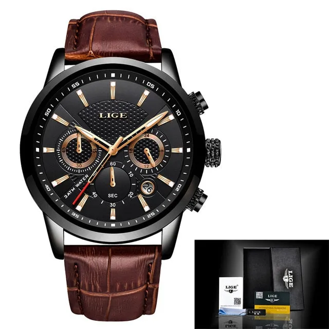 LIGE New Fashion Gift Men Watch Leather Analog Quartz watches 30M Waterproof Chronograph Sport Date Watch Men montre homme 2019