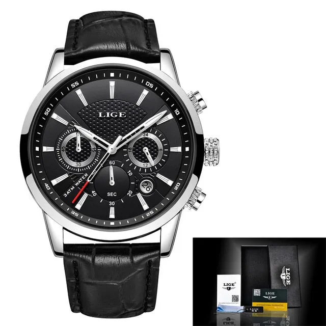 LIGE New Fashion Gift Men Watch Leather Analog Quartz watches 30M Waterproof Chronograph Sport Date Watch Men montre homme 2019