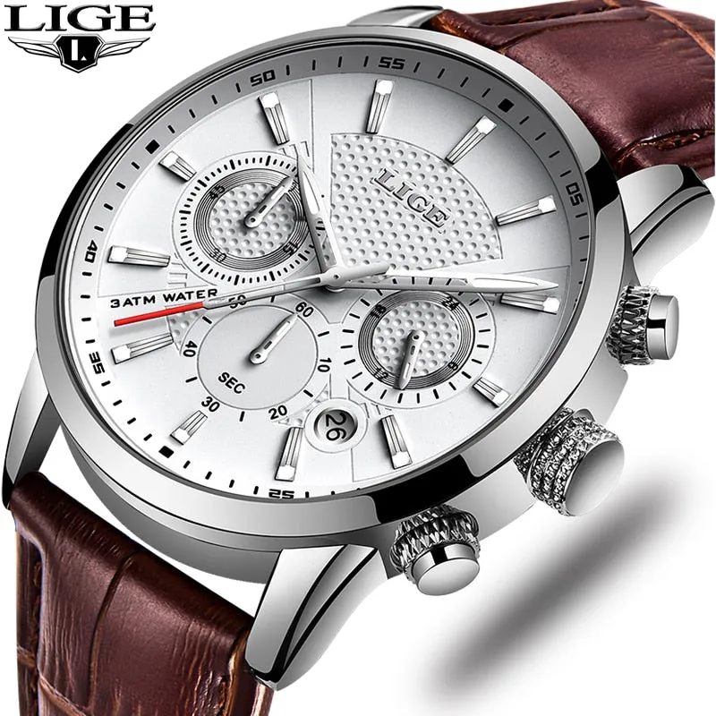 LIGE New Fashion Gift Men Watch Leather Analog Quartz watches 30M Waterproof Chronograph Sport Date Watch Men montre homme 2019