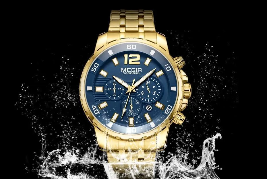 Luxury Men's Gold Business Watches Quartz Analogue Wristwatch Stainless Steel Waterproof Luminous Watch