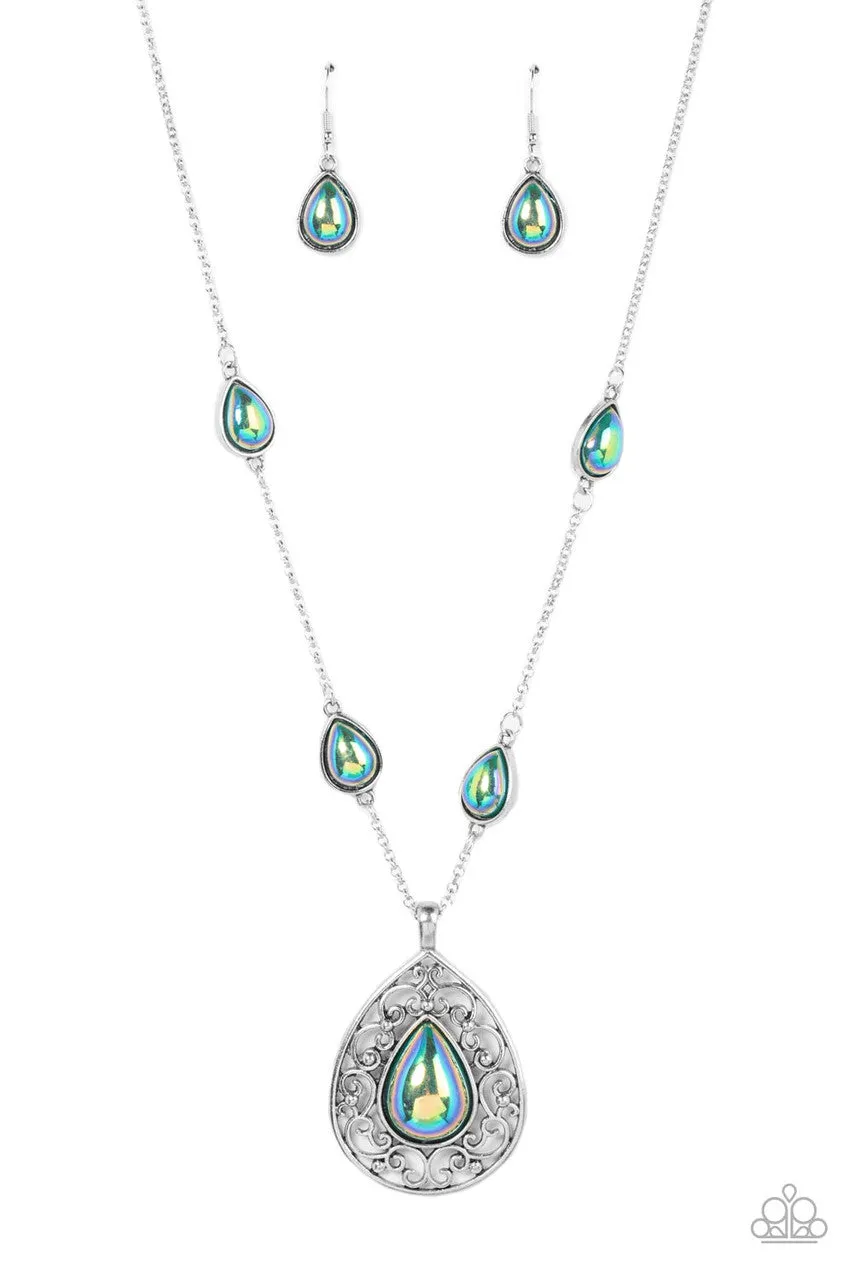 Magical Masquerade - Green - Iridescent Pearl Teardrop Filigree Paparazzi Necklace