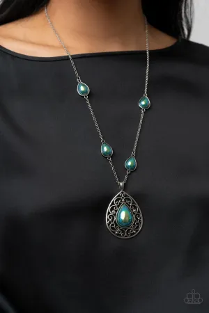 Magical Masquerade - Green - Iridescent Pearl Teardrop Filigree Paparazzi Necklace