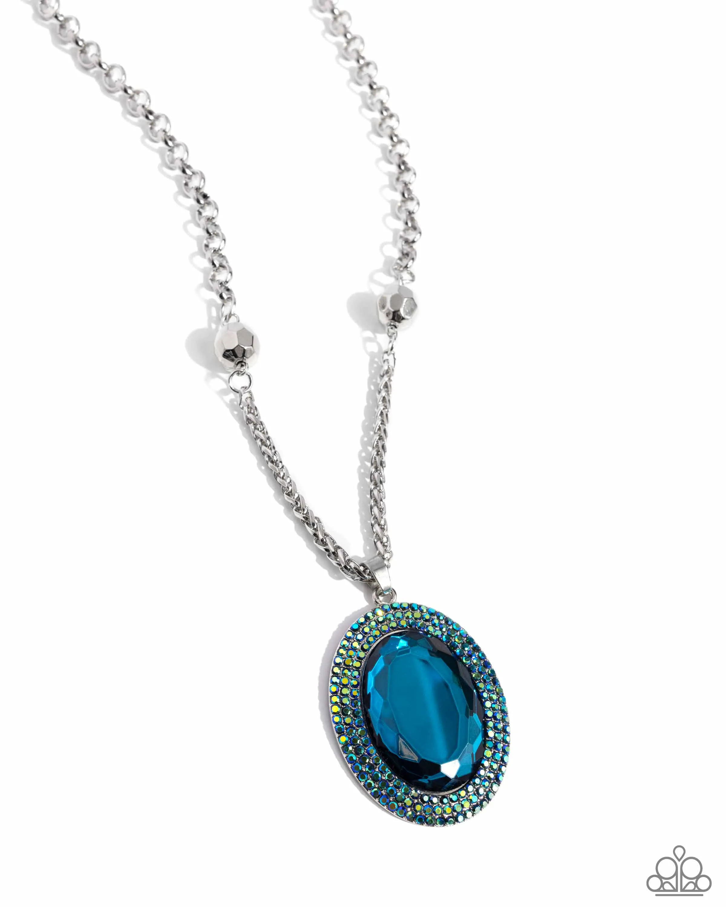 Manufactured Majesty - Blue - Reflective Oval Bead Iridescent Rhinestone Paparazzi Short Necklace - September 2024 Life of the Party Exclusive