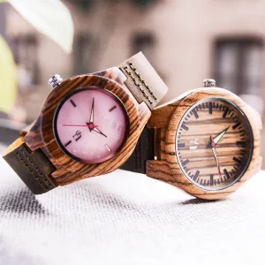 Match His and Hers Zebra Wooden Watches with Premium Leather Strap, Couple Wooden Watches