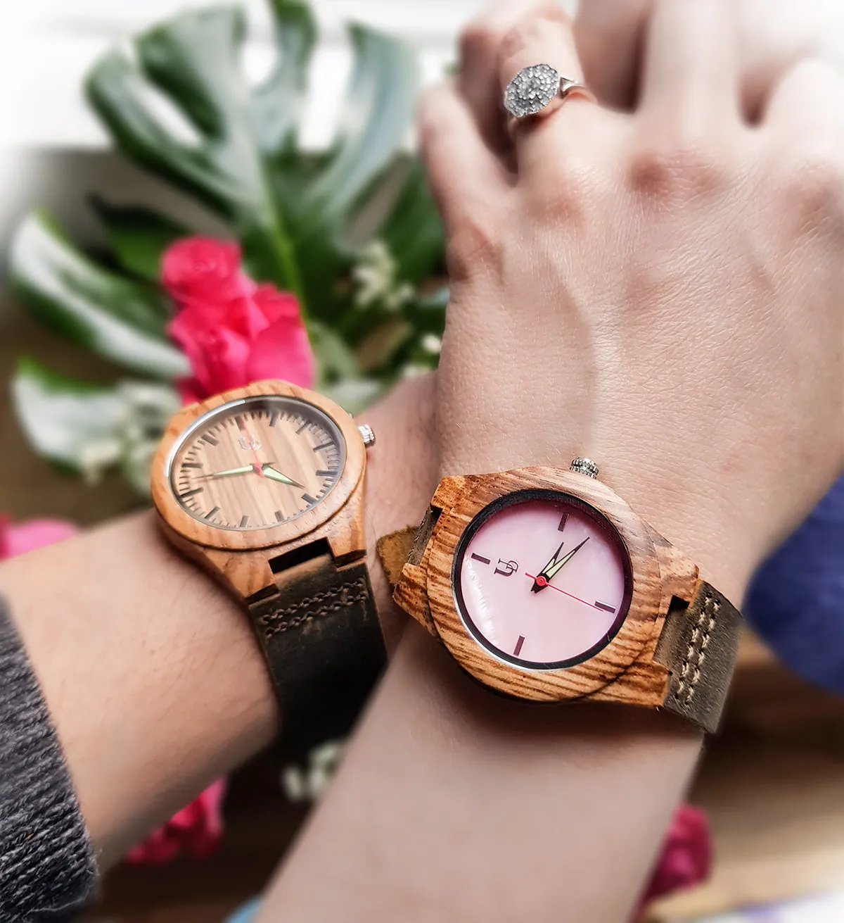 Match His and Hers Zebra Wooden Watches with Premium Leather Strap, Couple Wooden Watches