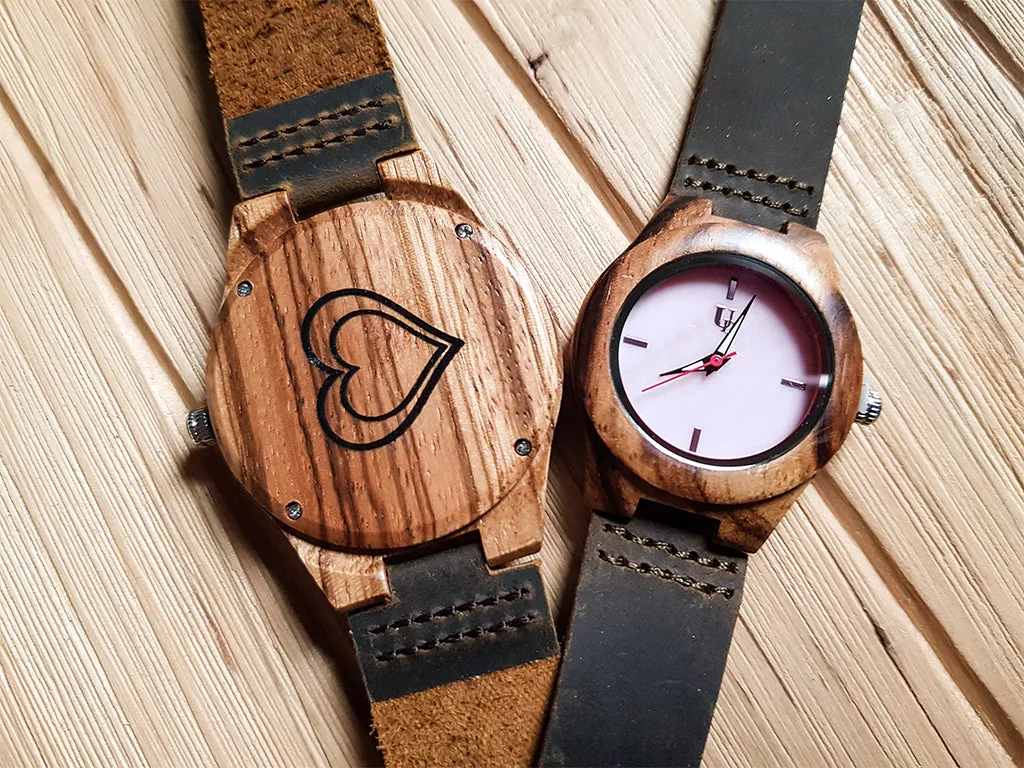 Match His and Hers Zebra Wooden Watches with Premium Leather Strap, Couple Wooden Watches