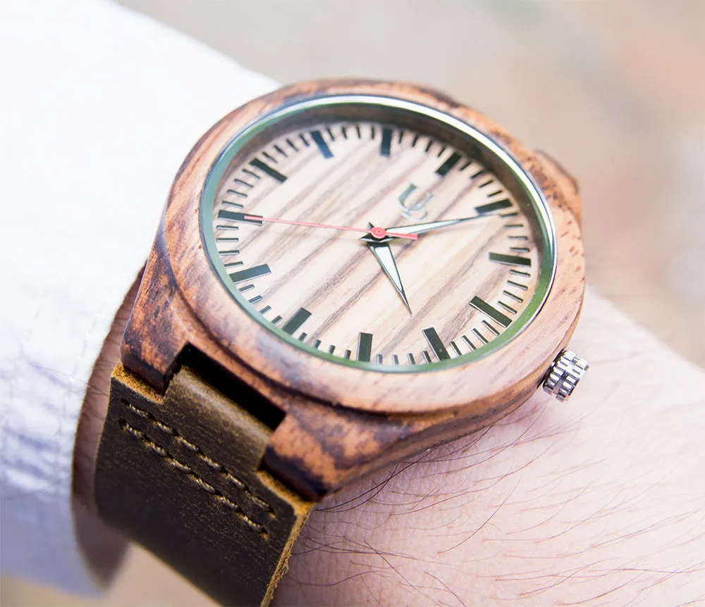 Match His and Hers Zebra Wooden Watches with Premium Leather Strap, Couple Wooden Watches