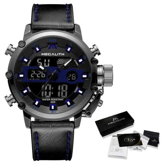MEGALITH Men Sports Quartz Watch Men Multifunction Waterproof Luminous Wristwatch Men Dual Dispay Clock Horloges Mannen With Box
