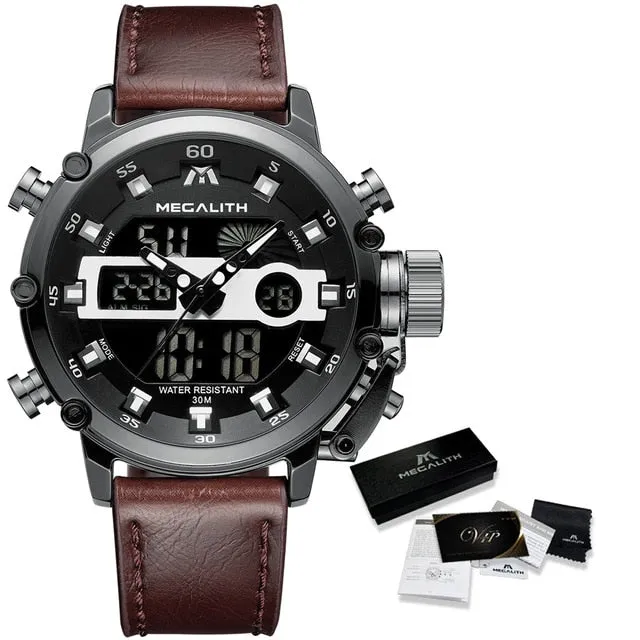 MEGALITH Men Sports Quartz Watch Men Multifunction Waterproof Luminous Wristwatch Men Dual Dispay Clock Horloges Mannen With Box