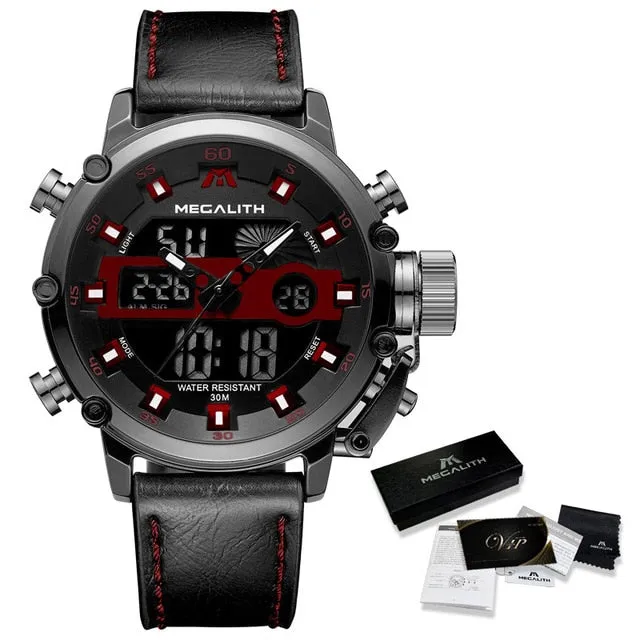MEGALITH Men Sports Quartz Watch Men Multifunction Waterproof Luminous Wristwatch Men Dual Dispay Clock Horloges Mannen With Box