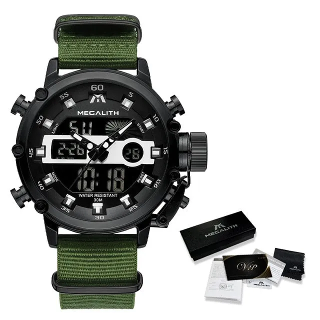 MEGALITH Men Sports Quartz Watch Men Multifunction Waterproof Luminous Wristwatch Men Dual Dispay Clock Horloges Mannen With Box