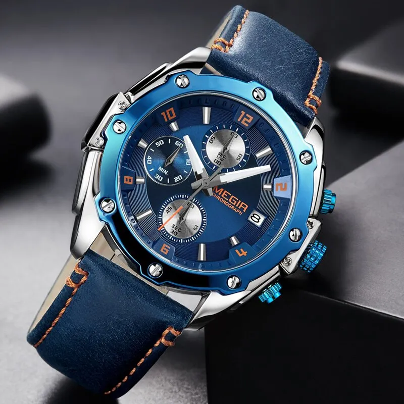 Men&#39;s Army Military Wrist Watch MEGIR Men Luxury Blue Watch Leather Sports Watches Mens Business Waterproof Quartz Clock Relogio