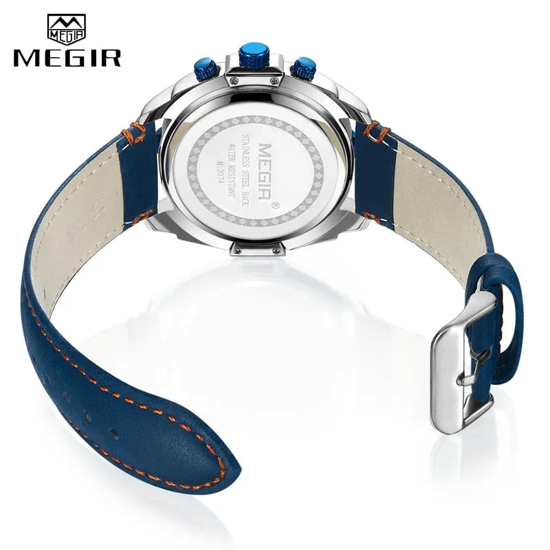 Men&#39;s Army Military Wrist Watch MEGIR Men Luxury Blue Watch Leather Sports Watches Mens Business Waterproof Quartz Clock Relogio