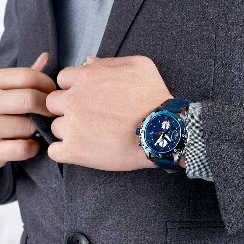 Men&#39;s Army Military Wrist Watch MEGIR Men Luxury Blue Watch Leather Sports Watches Mens Business Waterproof Quartz Clock Relogio