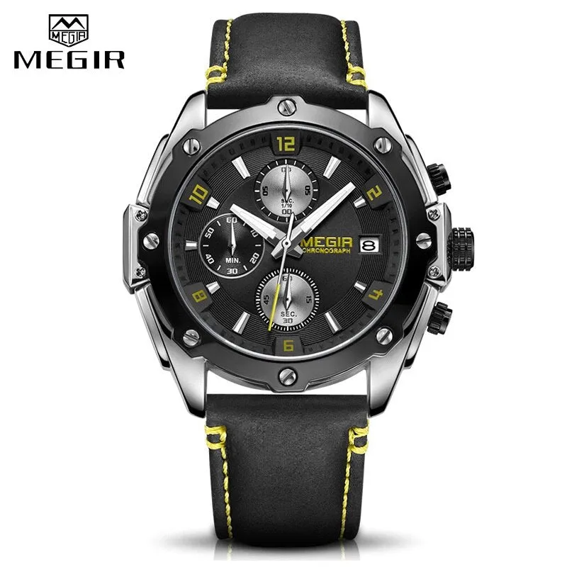 Men&#39;s Army Military Wrist Watch MEGIR Men Luxury Blue Watch Leather Sports Watches Mens Business Waterproof Quartz Clock Relogio