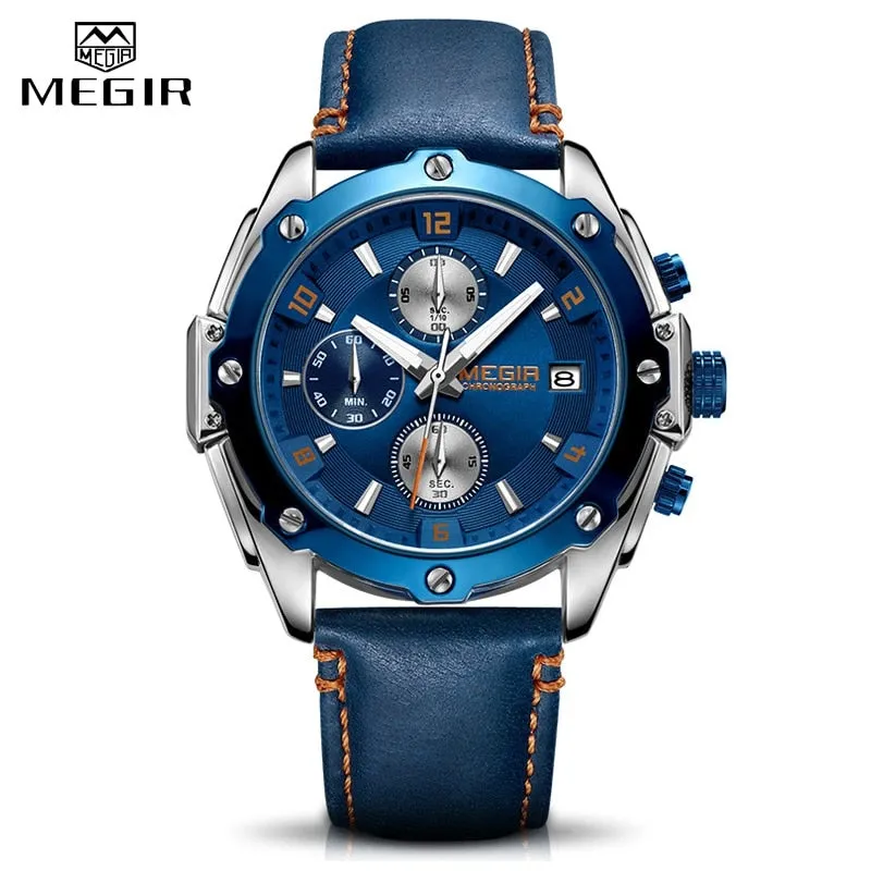 Men&#39;s Army Military Wrist Watch MEGIR Men Luxury Blue Watch Leather Sports Watches Mens Business Waterproof Quartz Clock Relogio