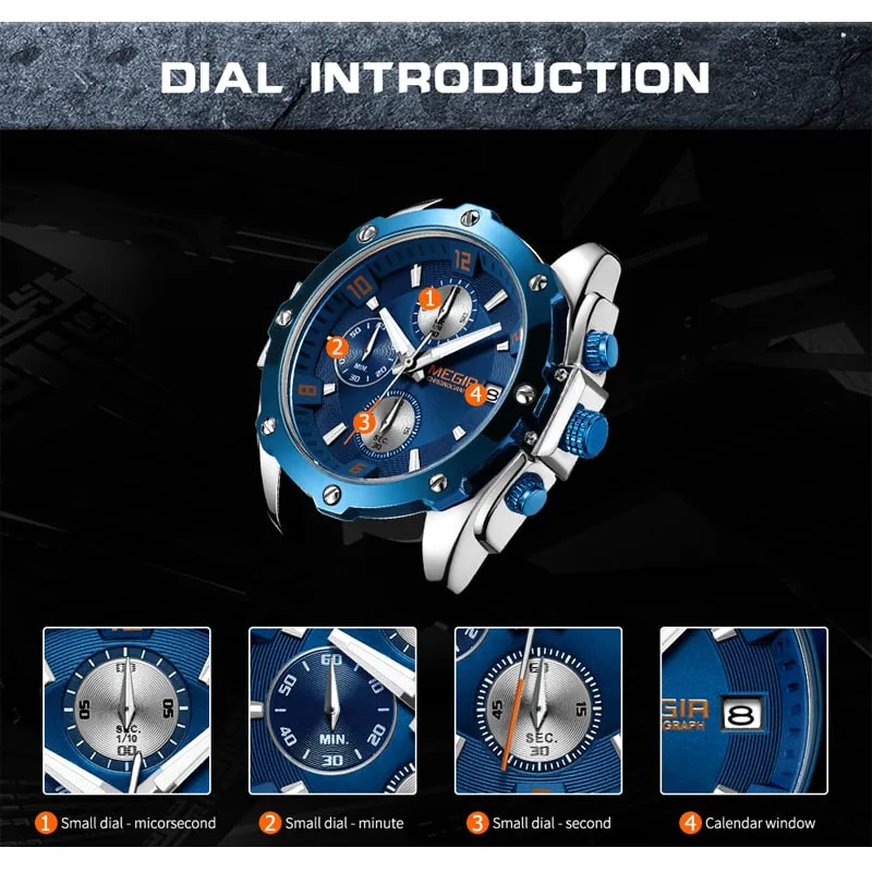 Men&#39;s Army Military Wrist Watch MEGIR Men Luxury Blue Watch Leather Sports Watches Mens Business Waterproof Quartz Clock Relogio