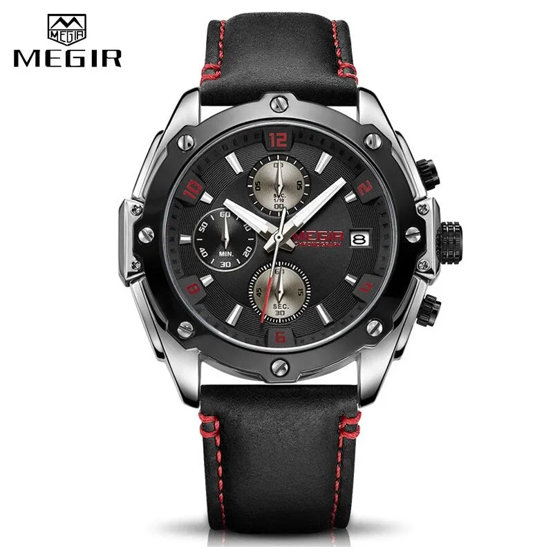 Men&#39;s Army Military Wrist Watch MEGIR Men Luxury Blue Watch Leather Sports Watches Mens Business Waterproof Quartz Clock Relogio