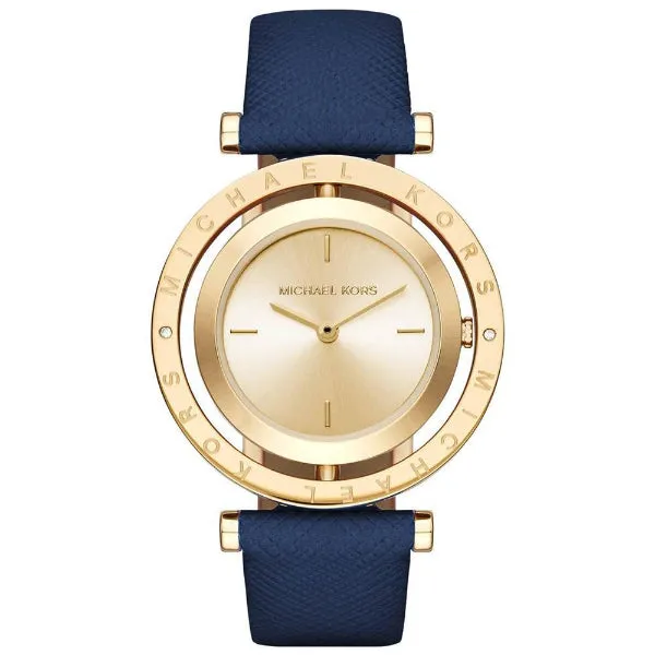 Michael Kors Averi Navy Blue Leather Strap Gold Dial Quartz Watch for Ladies - MK-2526