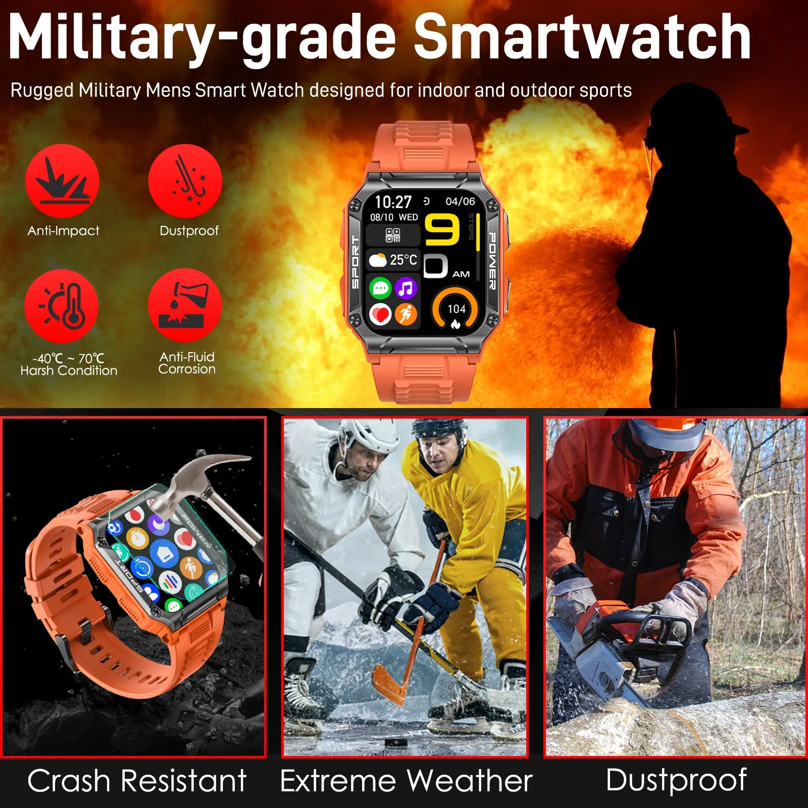 Military Smart Watch for Men 1.95'' Smart Watch (Answer/Make Calls) with Compass Heart Rate Sleep Monitor 109 Sports Modes Fitness Tracker Watch Outdoor Tactical Rugged Smartwatch for iPhone Android