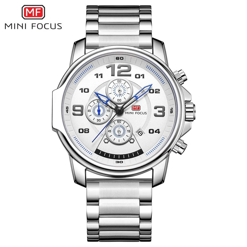 MINI FOCUS Fashion Men Watches Luxury Brand Business Silver Stainless Steel Men&#39;s Quartz Watch Chronograph Sport Wristwatch Mens