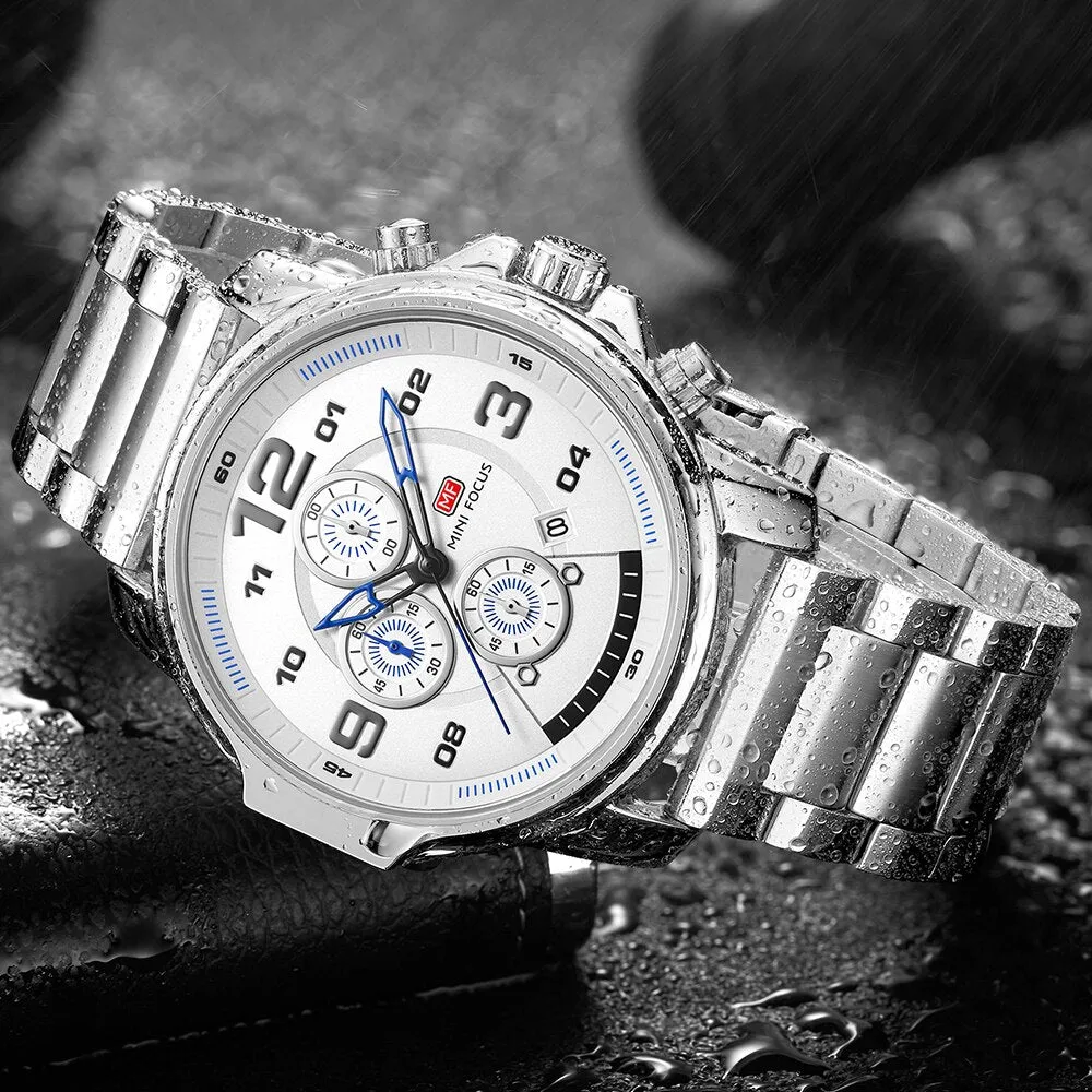 MINI FOCUS Fashion Men Watches Luxury Brand Business Silver Stainless Steel Men&#39;s Quartz Watch Chronograph Sport Wristwatch Mens