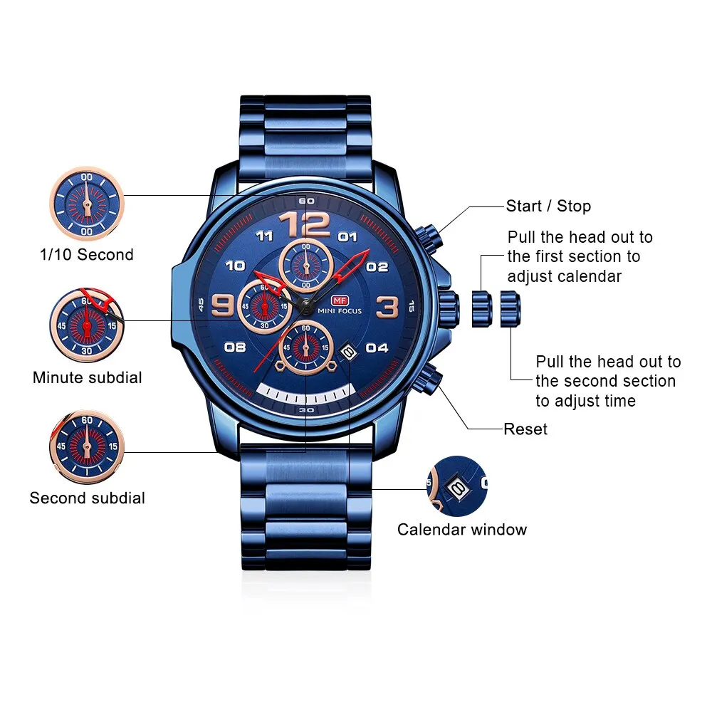 MINI FOCUS Fashion Men Watches Luxury Brand Business Silver Stainless Steel Men&#39;s Quartz Watch Chronograph Sport Wristwatch Mens