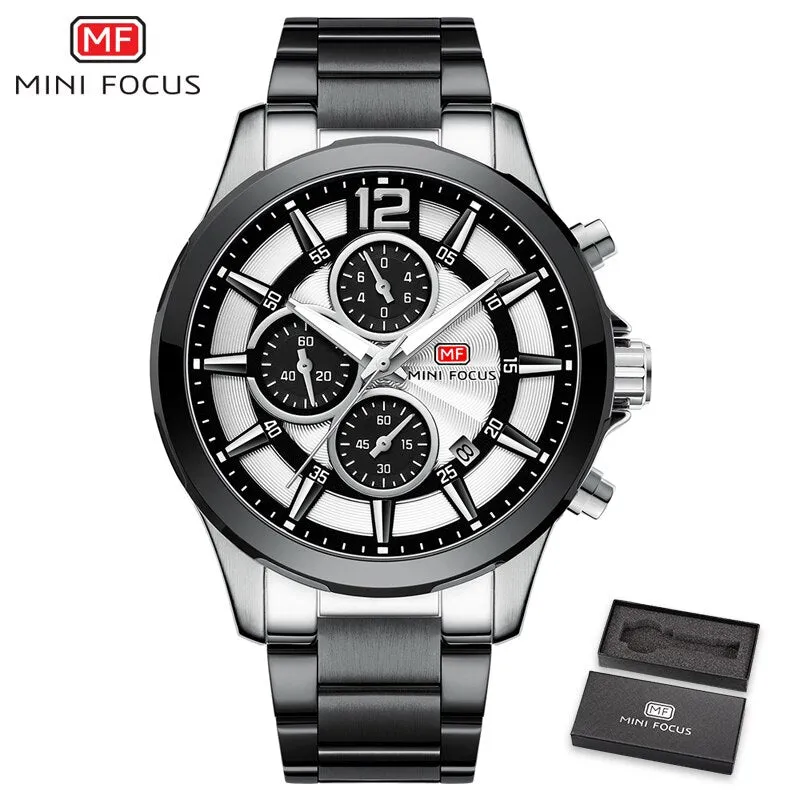 MINI FOCUS Fashion Mens Watches Top Brand Luxury Quartz Wristwatch Steel Strap Multifunction Chronograph Sports Watch Men Clock