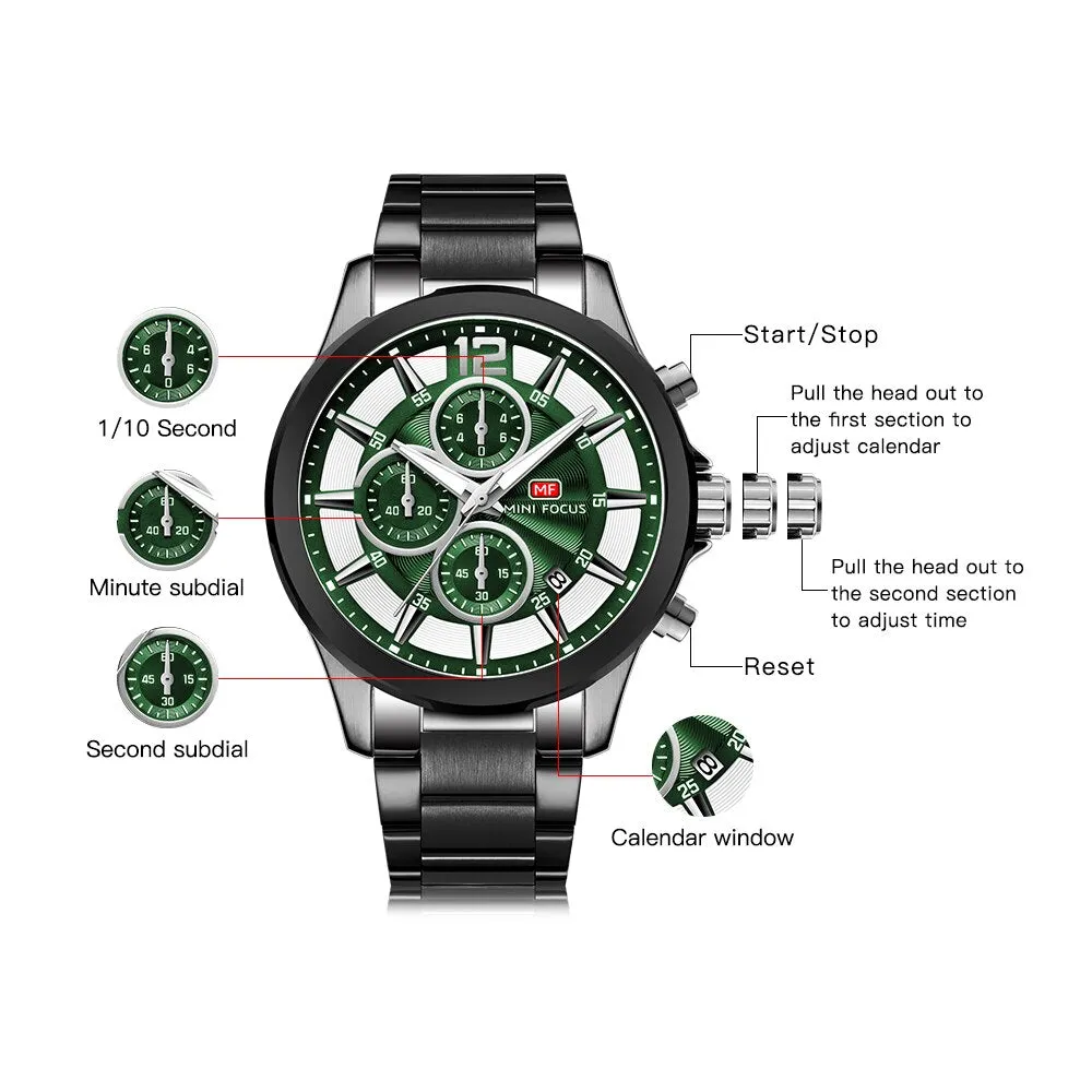 MINI FOCUS Fashion Mens Watches Top Brand Luxury Quartz Wristwatch Steel Strap Multifunction Chronograph Sports Watch Men Clock