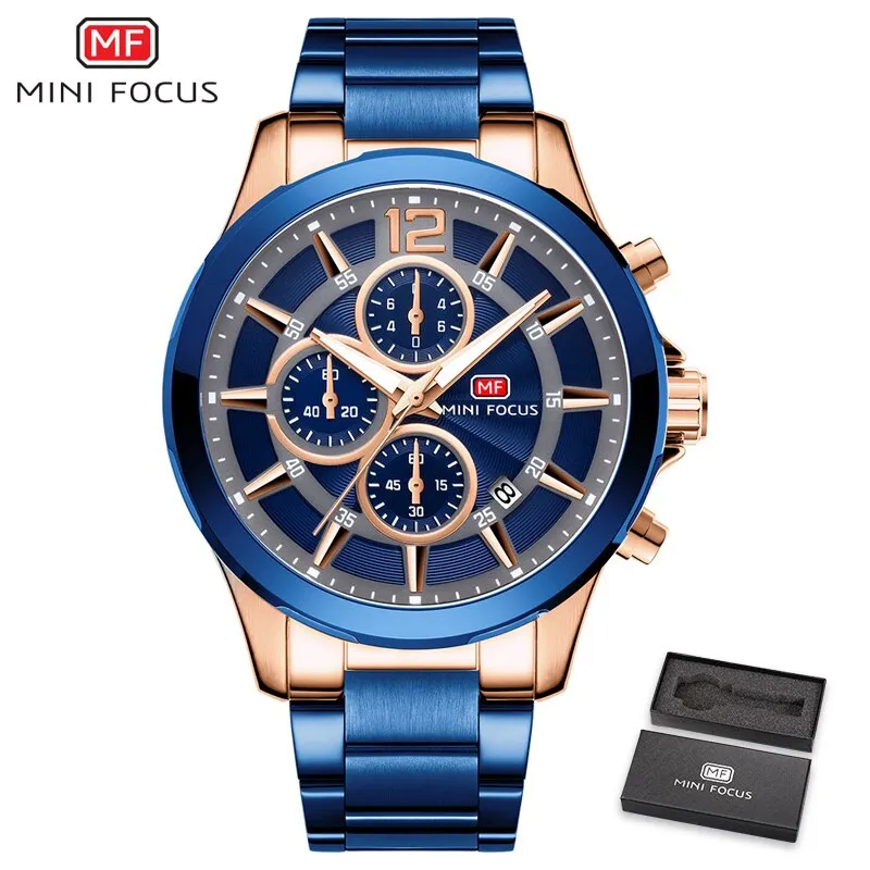 MINI FOCUS Fashion Mens Watches Top Brand Luxury Quartz Wristwatch Steel Strap Multifunction Chronograph Sports Watch Men Clock