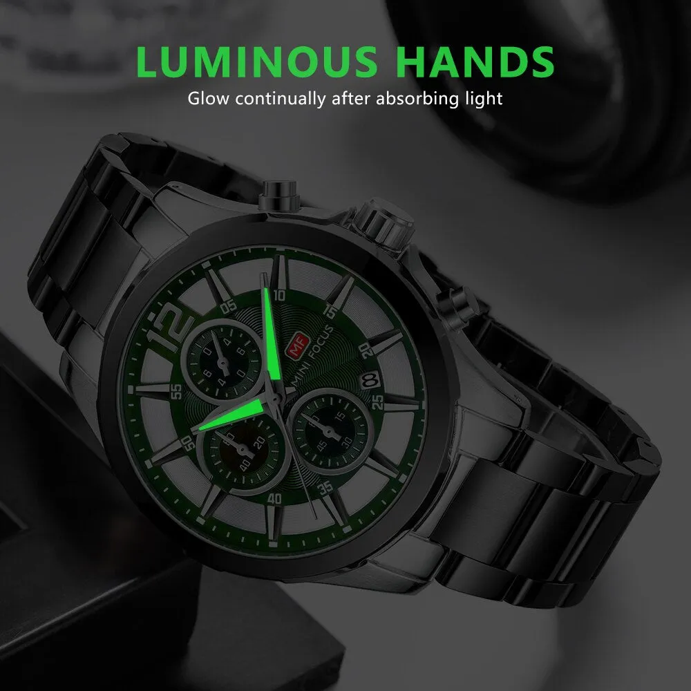 MINI FOCUS Fashion Mens Watches Top Brand Luxury Quartz Wristwatch Steel Strap Multifunction Chronograph Sports Watch Men Clock