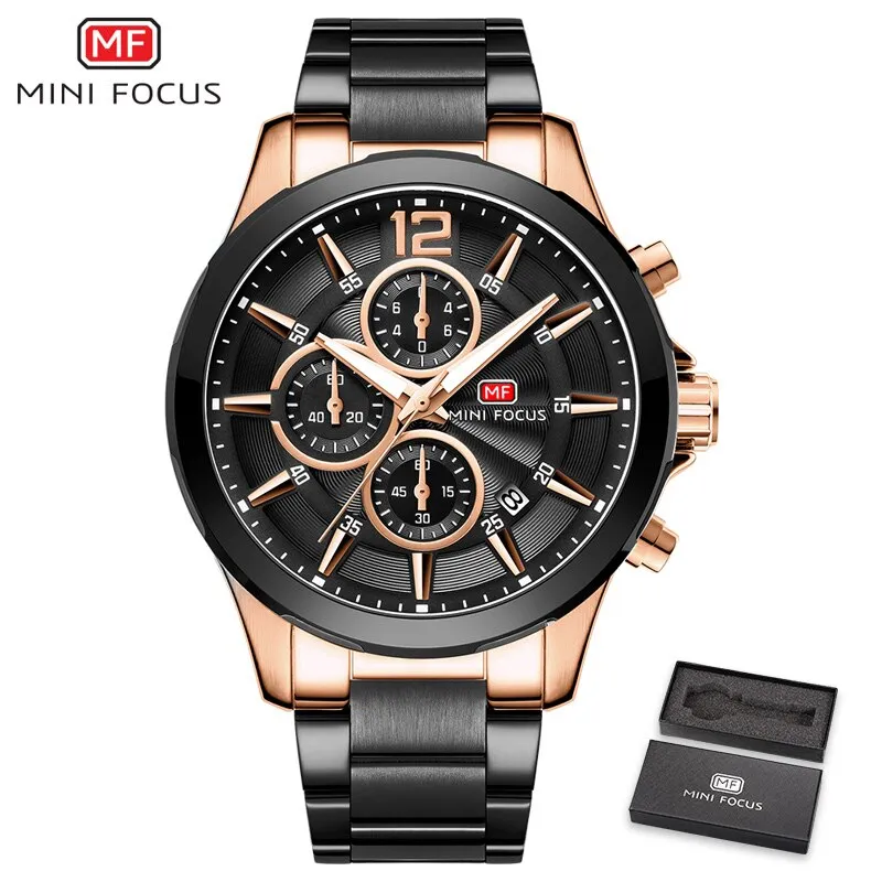 MINI FOCUS Fashion Mens Watches Top Brand Luxury Quartz Wristwatch Steel Strap Multifunction Chronograph Sports Watch Men Clock