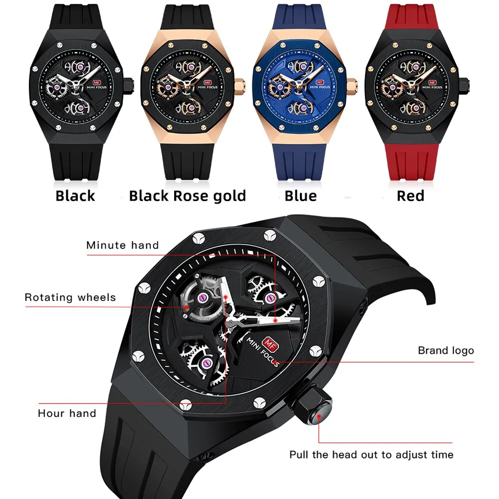 MINI FOCUS Fashion Watch Sports Waterproof Date Analog Quartz Rotating Wheels Male Watches Business Men&#39;s Sport Wristwatch