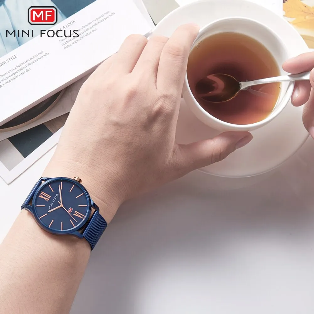 MINI FOCUS Men Watch Top Brand Luxury Quartz Wrist Watches Casual Fashion Blue Stainless Steel Mesh Belt Clock Reloges Hombre