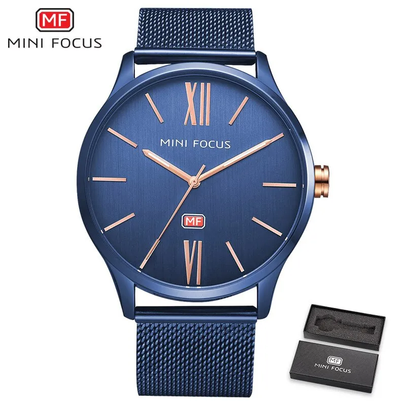 MINI FOCUS Men Watch Top Brand Luxury Quartz Wrist Watches Casual Fashion Blue Stainless Steel Mesh Belt Clock Reloges Hombre