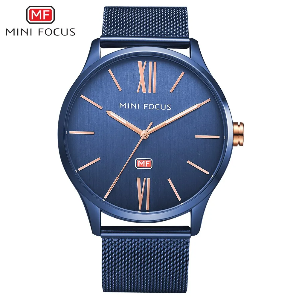 MINI FOCUS Men Watch Top Brand Luxury Quartz Wrist Watches Casual Fashion Blue Stainless Steel Mesh Belt Clock Reloges Hombre