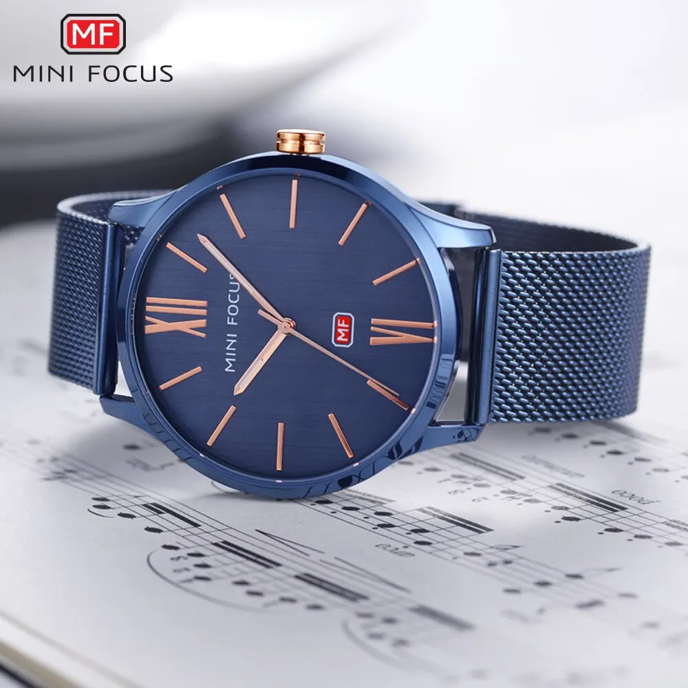 MINI FOCUS Men Watch Top Brand Luxury Quartz Wrist Watches Casual Fashion Blue Stainless Steel Mesh Belt Clock Reloges Hombre
