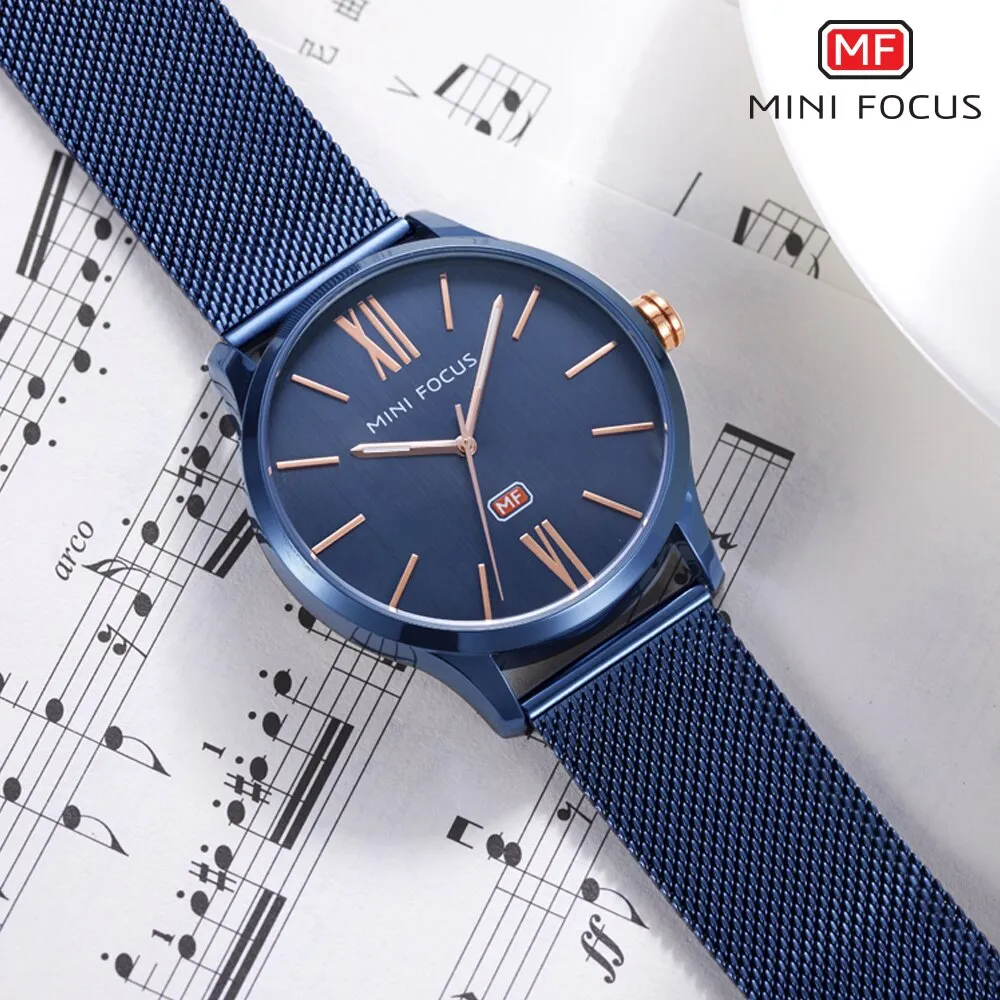 MINI FOCUS Men Watch Top Brand Luxury Quartz Wrist Watches Casual Fashion Blue Stainless Steel Mesh Belt Clock Reloges Hombre
