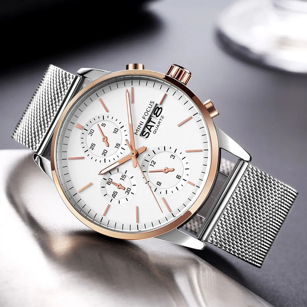 MINI FOCUS Mens Watches Top Brand Luxury Men Quartz Watch Stainless Steel Watchband Business Calendar Wristwatch Male Clock