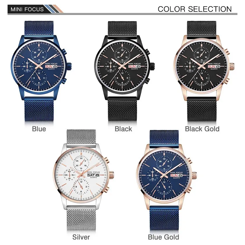 MINI FOCUS Mens Watches Top Brand Luxury Men Quartz Watch Stainless Steel Watchband Business Calendar Wristwatch Male Clock