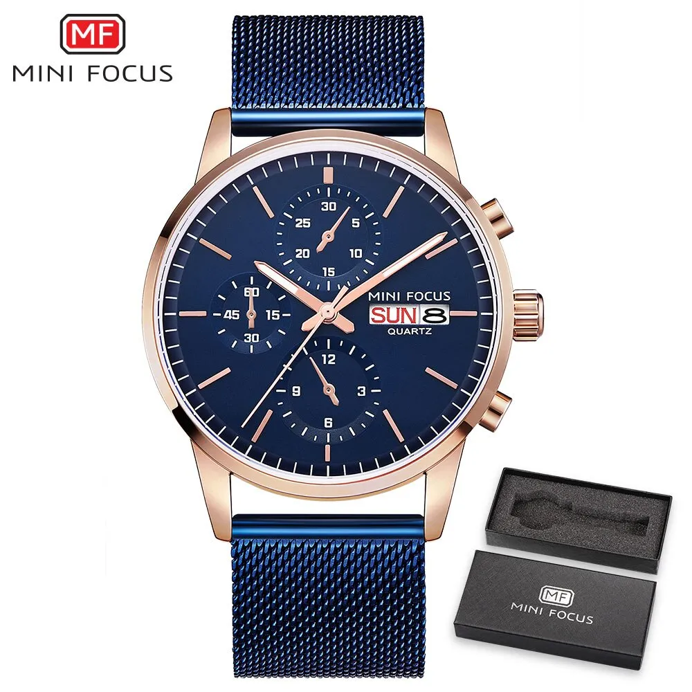 MINI FOCUS Mens Watches Top Brand Luxury Men Quartz Watch Stainless Steel Watchband Business Calendar Wristwatch Male Clock
