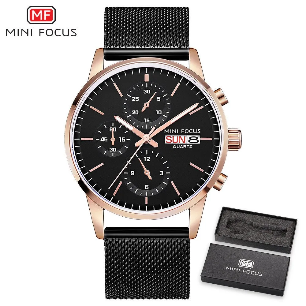 MINI FOCUS Mens Watches Top Brand Luxury Men Quartz Watch Stainless Steel Watchband Business Calendar Wristwatch Male Clock