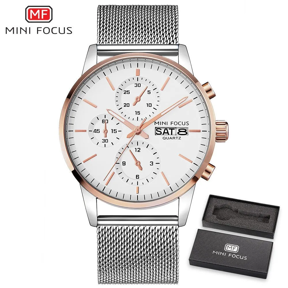 MINI FOCUS Mens Watches Top Brand Luxury Men Quartz Watch Stainless Steel Watchband Business Calendar Wristwatch Male Clock