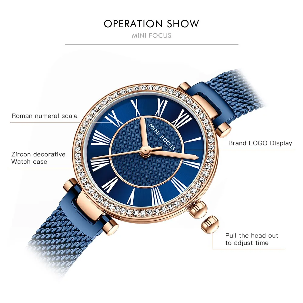 MINI FOCUS New Fashion Women Watches Ladies Rhinestone Waterproof Quartz Watches Stainless Steel Female Clock Relogio Feminino