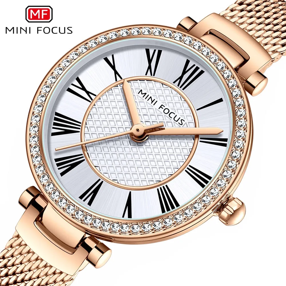 MINI FOCUS New Fashion Women Watches Ladies Rhinestone Waterproof Quartz Watches Stainless Steel Female Clock Relogio Feminino